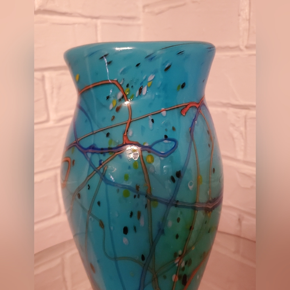 Postmodern Vintage 90s hand blow Studio Art Glass aque blue abstract vase - Picture 2 of 16